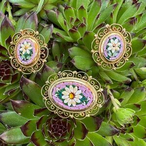 Vintage Italian Micro Mosaic Bouquet of Daisies Scrollwork Brooch Earrings Set